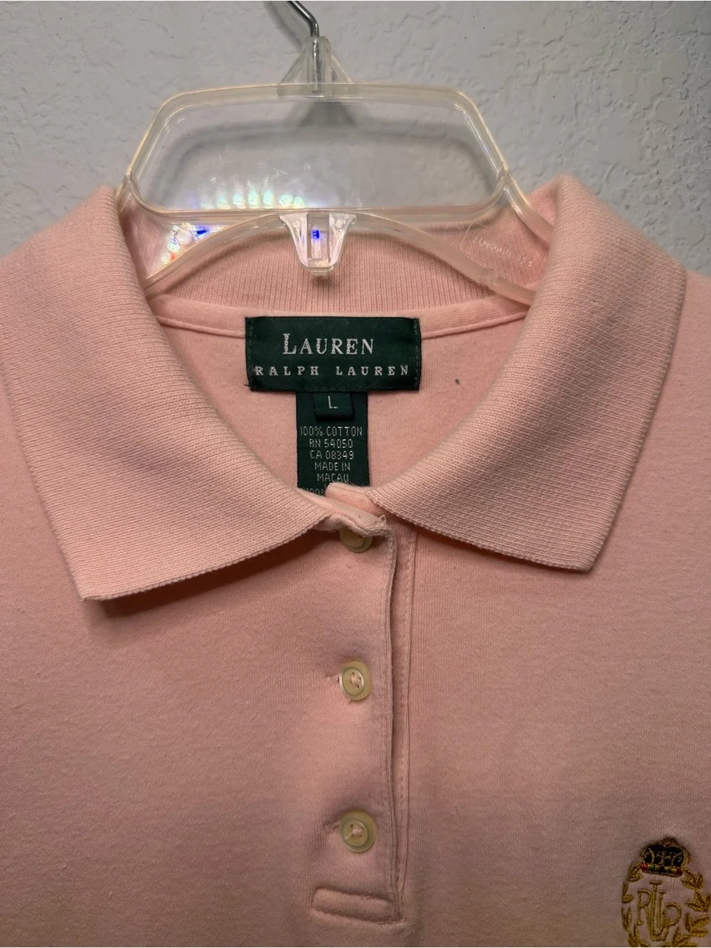 Ralph Lauren Light Pink Polo Shirt with Embroidered Crest - L